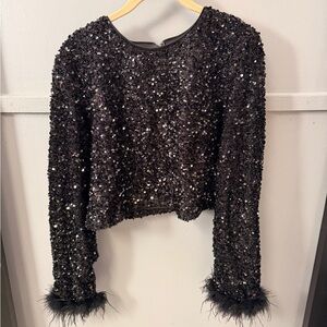 Lulu's Black Sequin Crop Top with Feather Cuffs